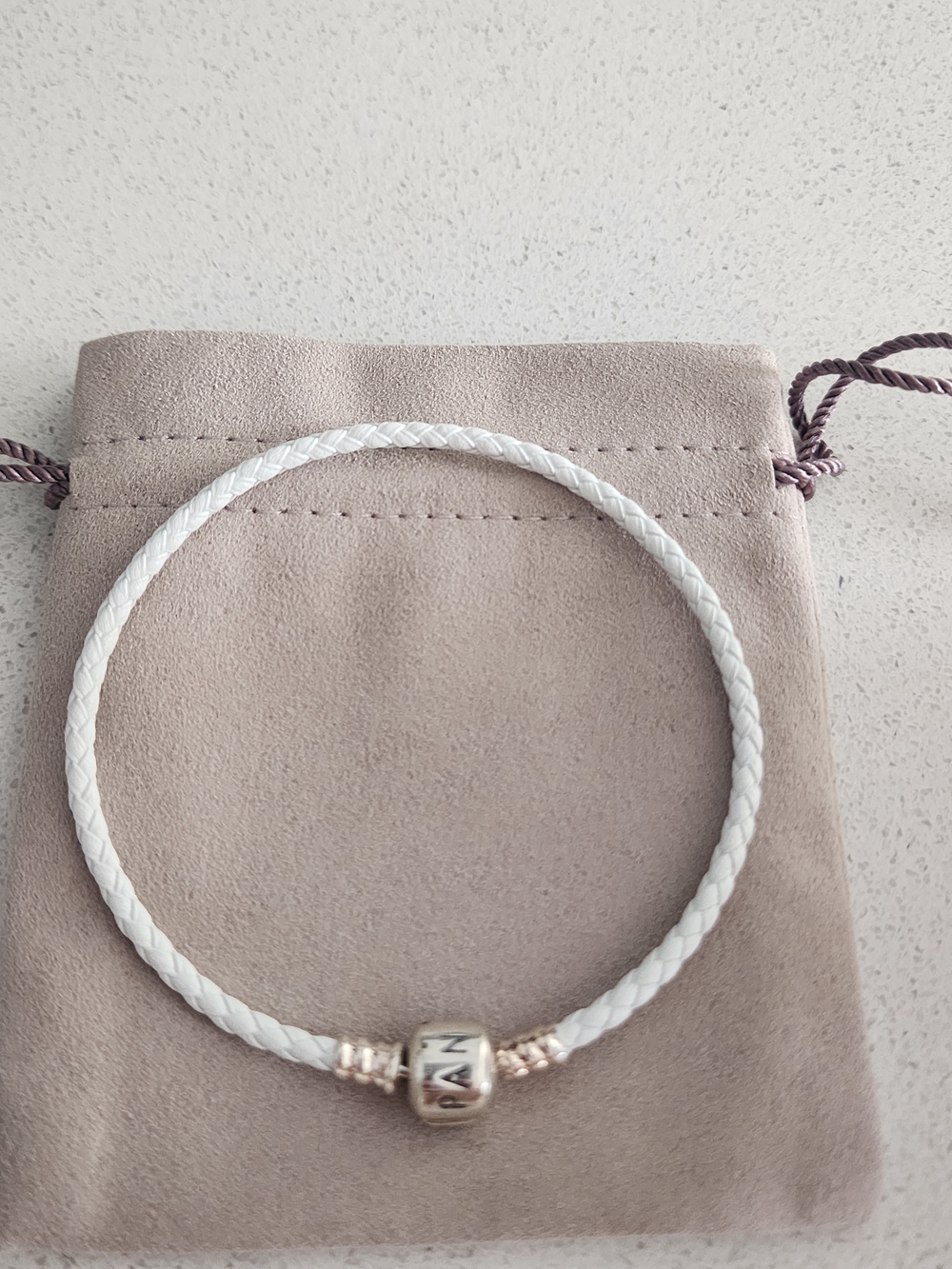 Pandora White Braided Leather Bracelet with Silver Bead